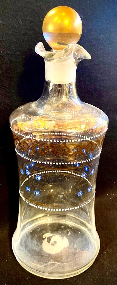 Antique 1940s Hand Blown Glass Decanter Cologne Bottle Hand Painted Floral Gold - Image 2 of 4