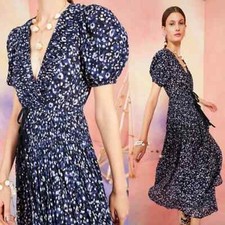 ULLA JOHNSON Kemala COTTON Puff Sleeve Midi Dress Blue/White Floral 2