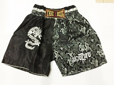 ''M'' MUAY THAI KICK BOXING FIGHTING MARTIAL BLACK SILVER DRAGON KID SHORT UNISEX