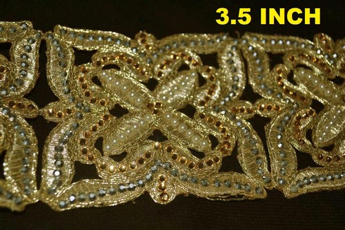 ZARDOZI TRIM ~ Hand-Beaded LACE ~ 1 Yards ~ RHINESTONES, GEMS & BULLION WORK - Picture 5 of 8