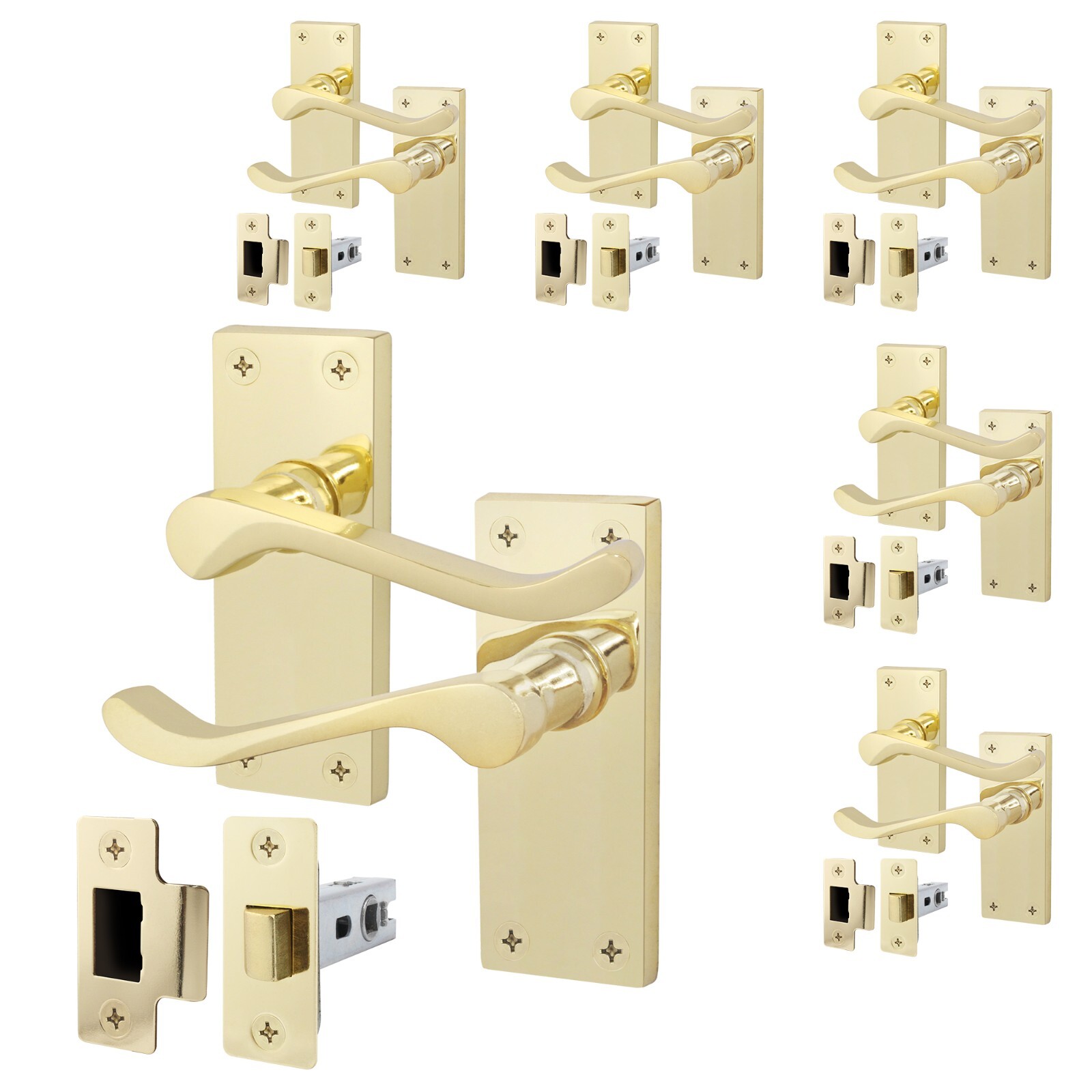 Polished Brass Victorian Scroll Door Handles & Latch Set | Pack of 6
