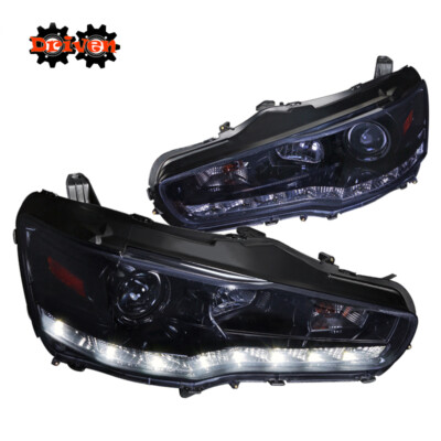 For 08-15 Mitsubishi Lancer EVO X Smoked Housing LED DRL Projector Headlights