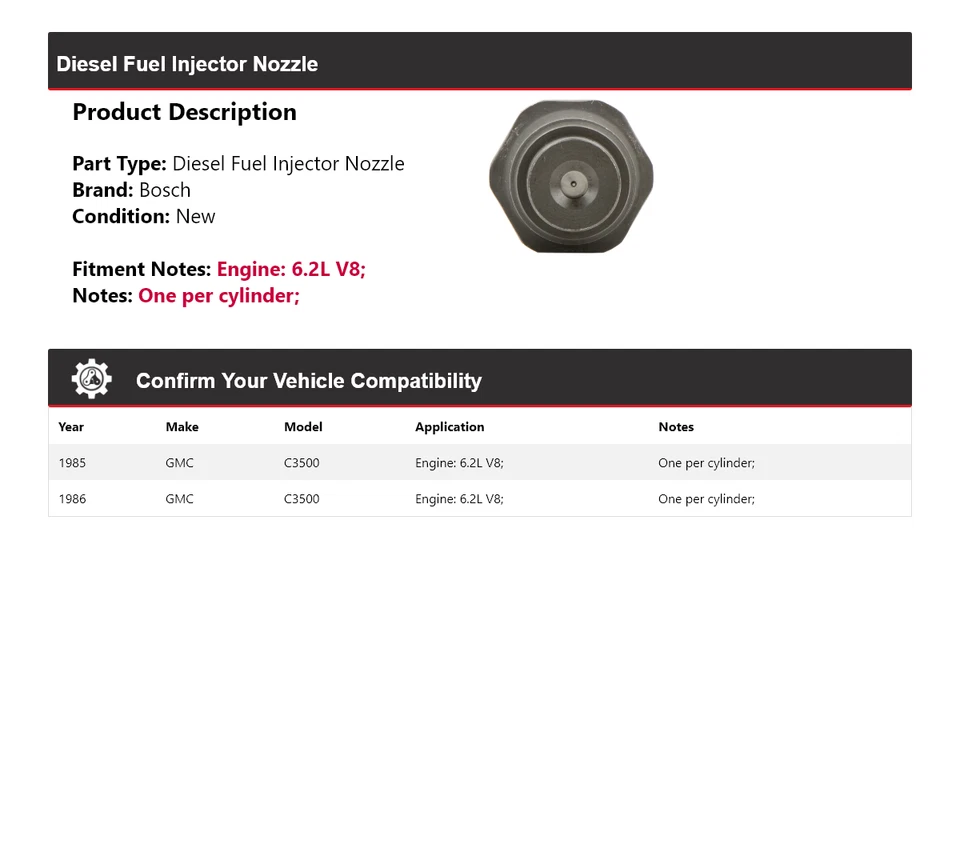 Boquilla inyectora de combustible diésel Bosch 6,2 L V8 1985-1986 GMC C3500 6,2 L V8 Foto 2 de 4