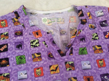 Bring It On Scrub Top Small Womens Halloween Nurse Purple Cat Bat Candy Corn