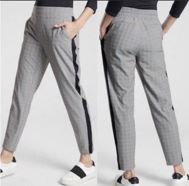 Athleta Brooklyn Plaid Ankle Pant Pull On Mid Rise Travel Gray White Size  10 | eBay