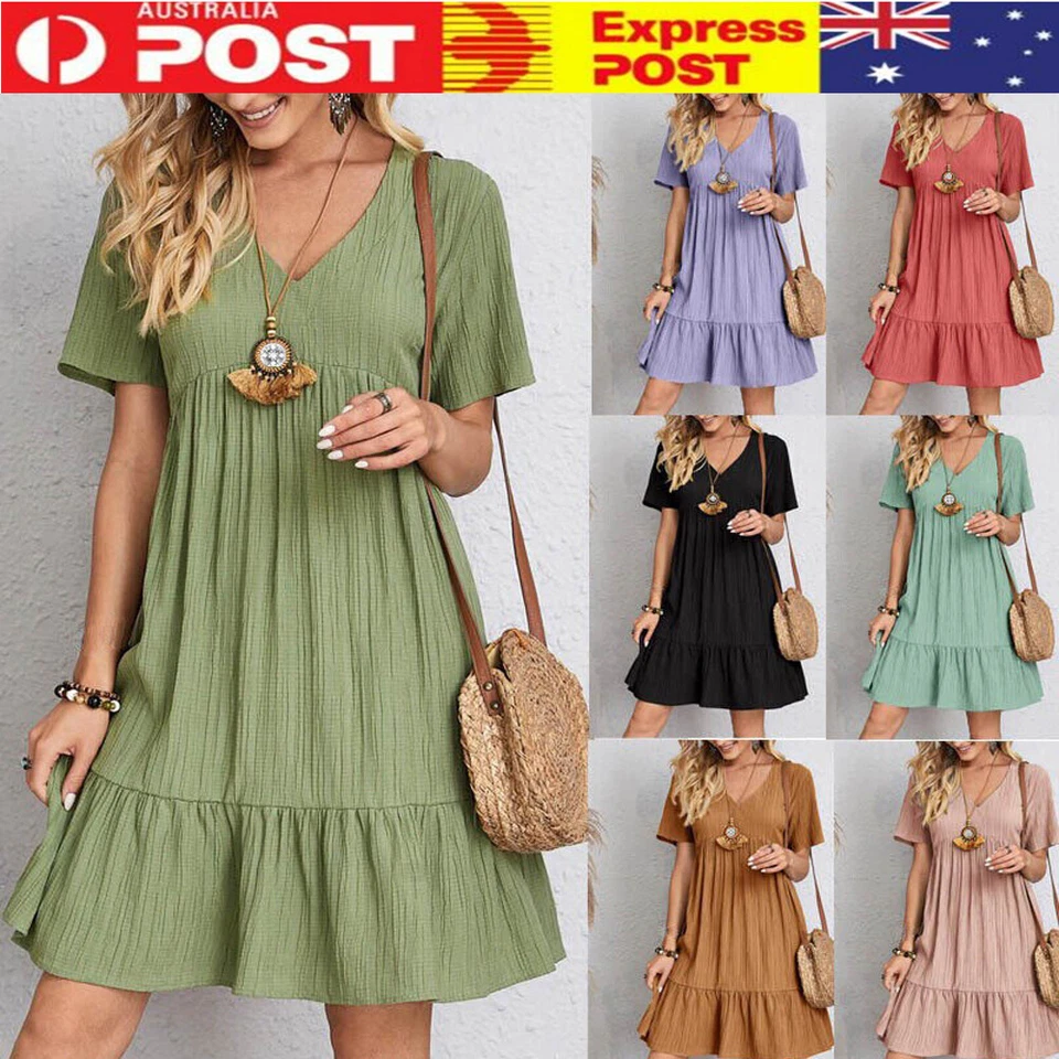 Women Short Sleeve V-Neck Midi Dress Ladies Casual Loose Boho Ruffle Swing Dress