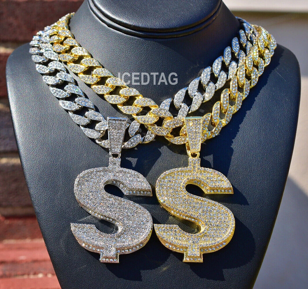 HIP HOP ICED BLING OUT GOLD PT BANDED DOLLAR SIGN PENDANT CHARM, CUBAN  NECKLACE