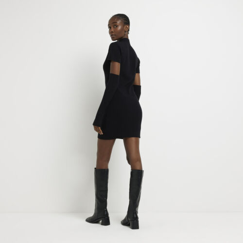 River Island Womens Bodycon Mini Dress Black Knit Glove Detail Long Sleeve - Picture 2 of 7