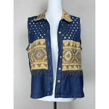Vintage New Directions Denim Vest Sz M Fall Aztec Western Cowgirl Rodeo READ