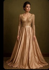 Gold Sequin A-Line Evening Gown Long Sleeve V-Neck Formal Maxi Dress Xs NWOT