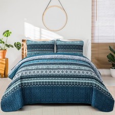 WONGS BEDDING Boho California King Quilt Bedding Set, 3 PCS Bedspread,Blue