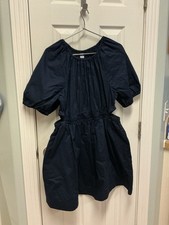Old Navy SZ L Navy Blue Cotton Poplin Side- Cutout Preppy Mini Dress Puff Sleeve