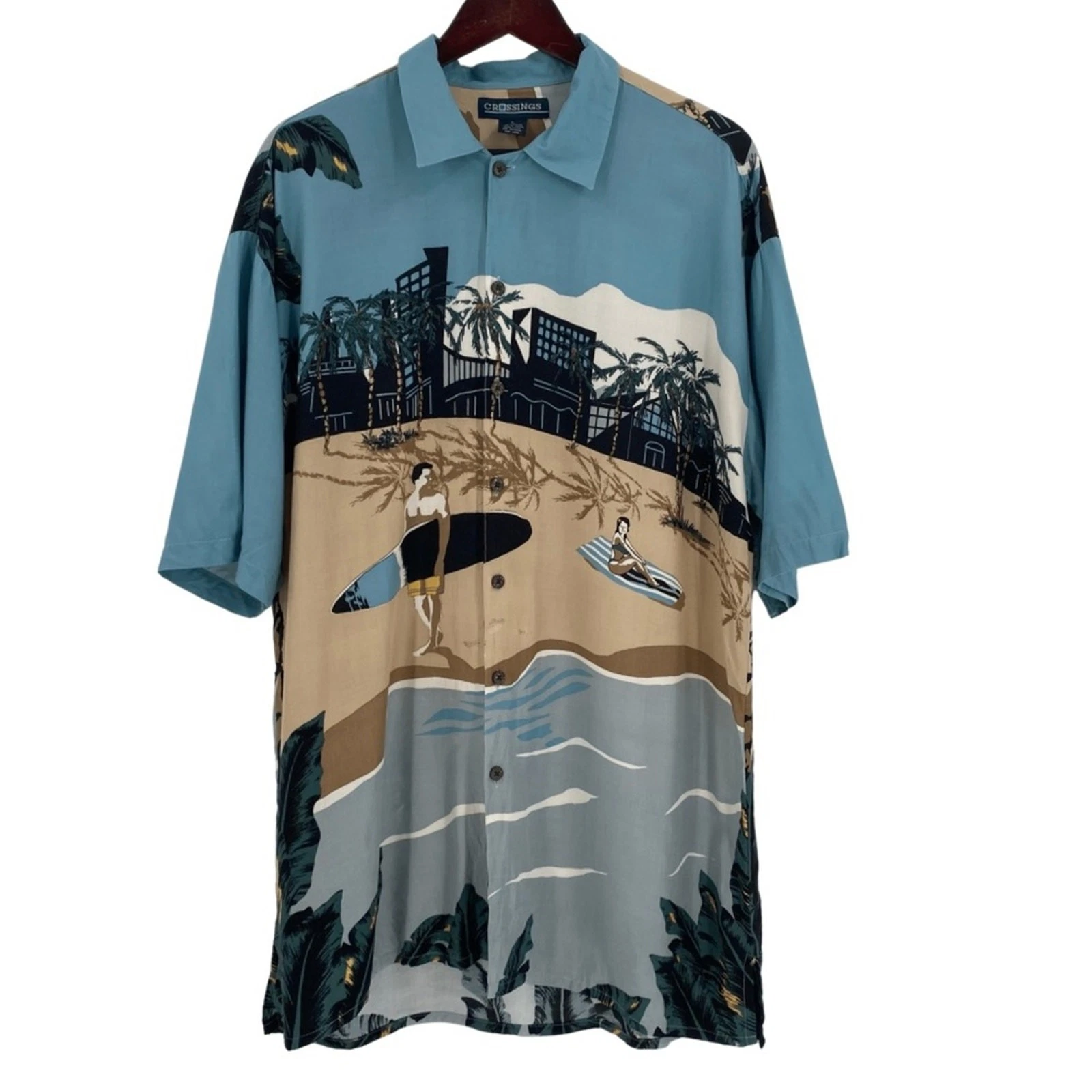 Blue brown Hawaiian shirt beach scene size large