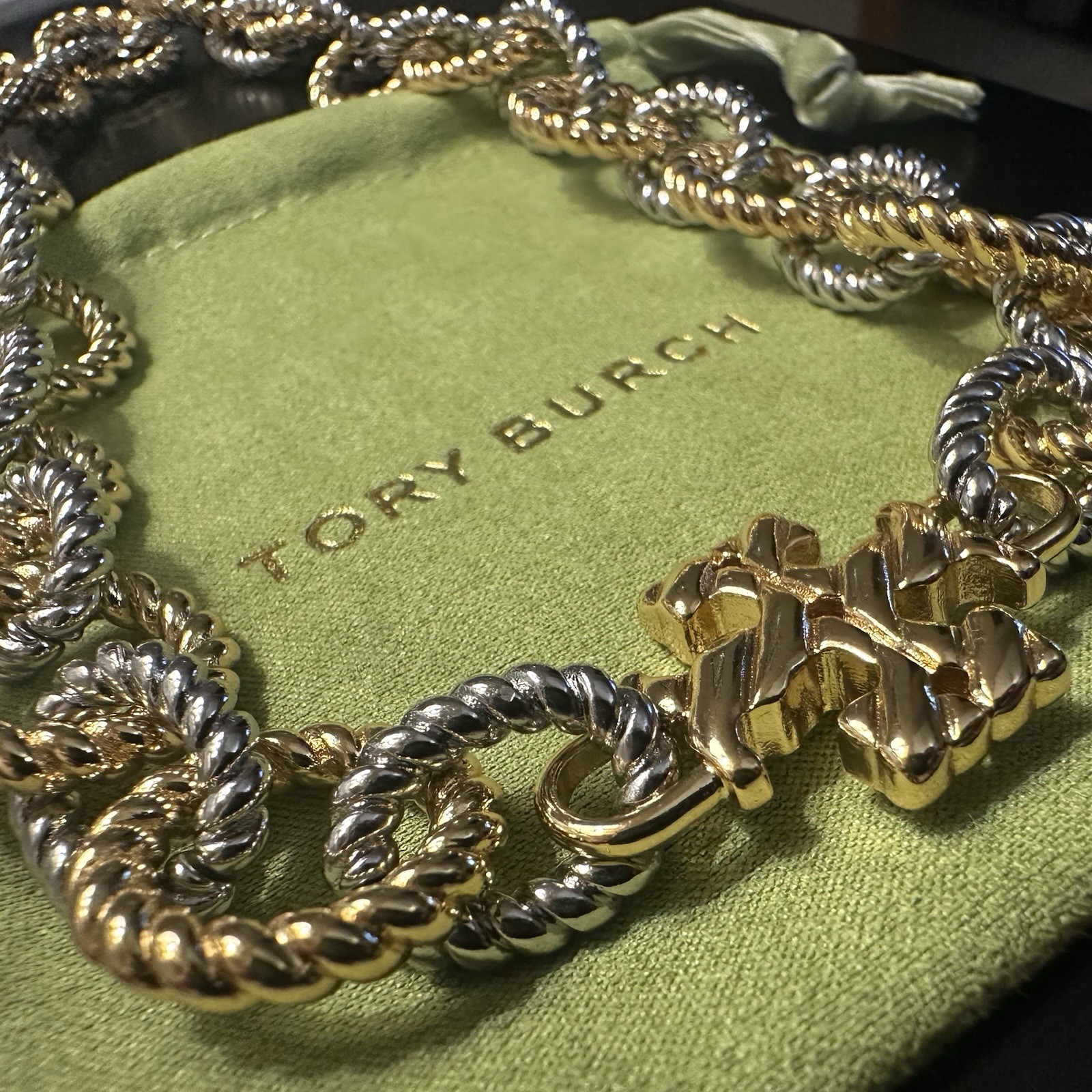 New TORY BURCH Mixed-Metal Chunky Rope Chain Link Logo Necklace w/ Dustbag thumbnail 3