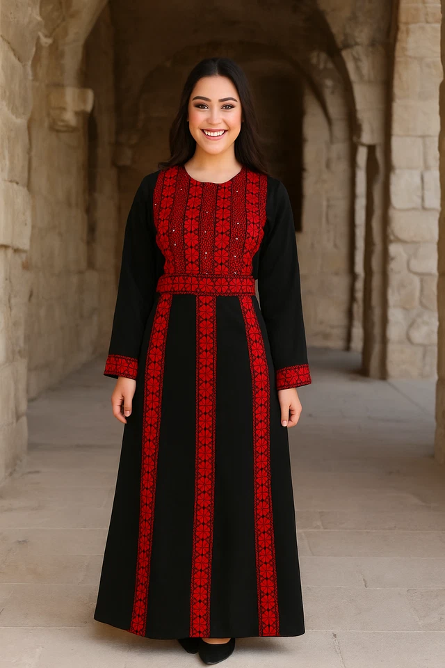 Palestinian Embroidered Womens Traditional Tatreez Thobe Abaya Dress - Image 2 of 4