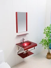 24" Wine Red Tempered Glass Bathroom Vanity Floating Glass top sink Mirror Set