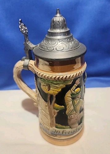 Vtg German Beer Stein w/ Lid - "In Freud and. sorry, drink always" (Translation) - Picture 2 of 11
