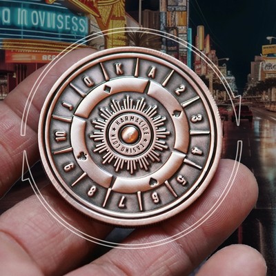 Spinning Casino Coin   Solid Copper Gambling Token w/ Cards, Dice & Roulette