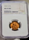 1931 S US Lincoln 1c Key Date NGC MS65 RD (Red)