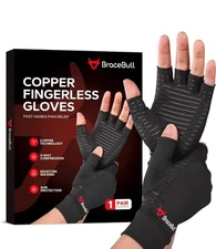 BraceBull Fingerless Gloves Copper Infused Compression for Arthritis+, SEALED
