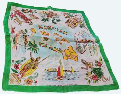 Vtg Sheer Hawaiian Souvenir Handkerchief Map Design Sheer Fabric Green Border