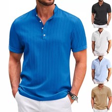 Summer Stand Collar Buttons Short Sleeve T-shirt Solid Color Stripe Polo For Men