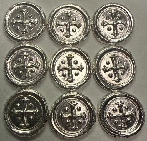 (ONE) 1/4 oz Poured & Stamped Medieval Cross And Pellet  .999 Fine Silver Round