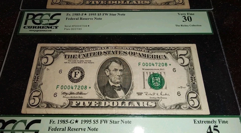 1995 $5 Star Notes Lot PCGS 25/30/45 Fr.1985-G (2) & Fr.1985-F Rickey Coll - Image 3 of 4
