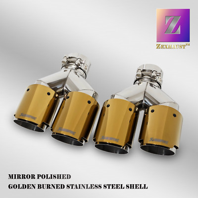 QUAD 3.5'' OUT GOLDEN EXHAUST TIP STAGGERED L&R AS A PAIR 2.25'' INLET  ANGLE CUT