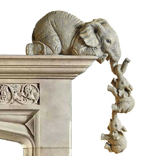 3X Resin Elephant Sitter Figurines Mother and 2 Babies Hanging Off Edge For Gift - Picture 10 of 13