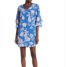 Vince Camuto Chiffon Blue Floral Mini Shift Dress Womens Size 12