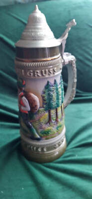 Bierkrug Zinndeckel 3 D Motiv handbemalt Gott zum Gruss Gut zu Fuss Orig. King