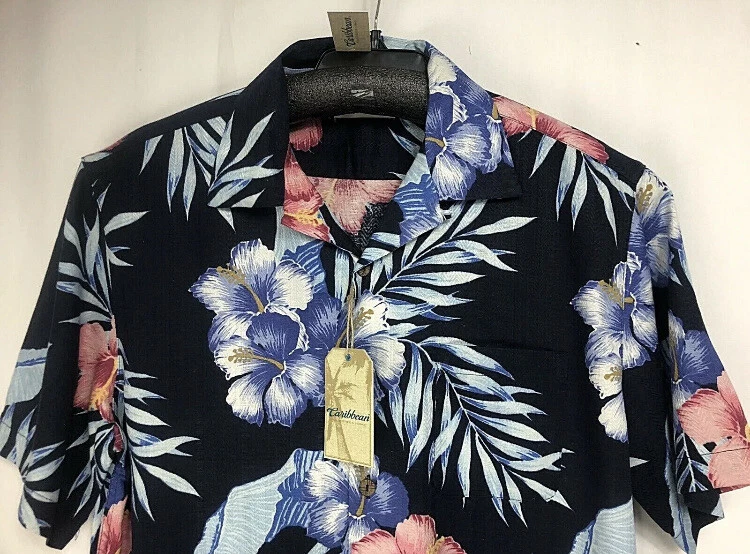 Карибская мужская рубашка XL на пуговицах из шелковой смеси с коротким рукавом гавайская темно-розовая новая с ценниками - Изображение 2 из 4