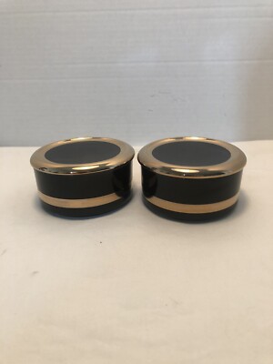 2 Chokin Glazed Ceramic Black & Gold Trim Lidded Trinket Boxes/Jars-New W/O Tags