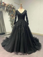 Gothic Black V Neck Wedding Dresses Long Sleeves Lace Appliques Bridal Gowns