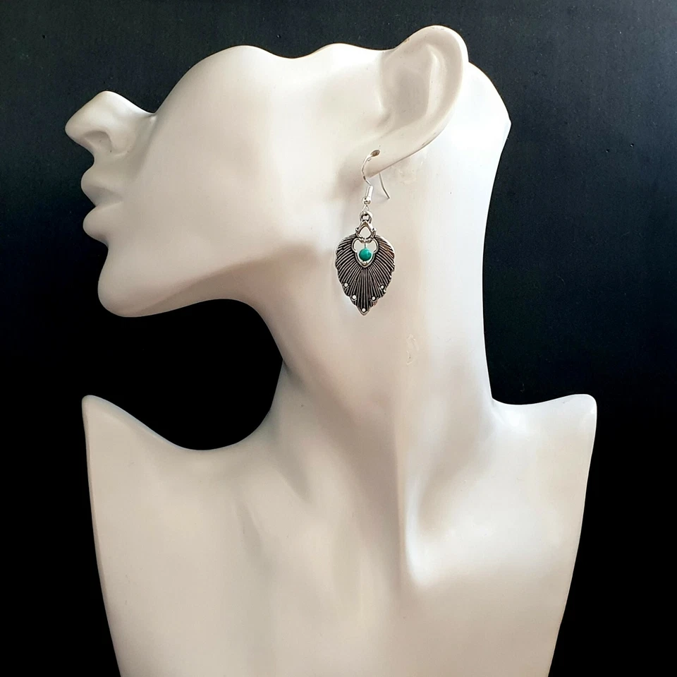 Pendientes Grandes Hoja Plata Piedra Turquesa 925 Ganchos de Ley y Plata Tibetana Foto 4 de 4