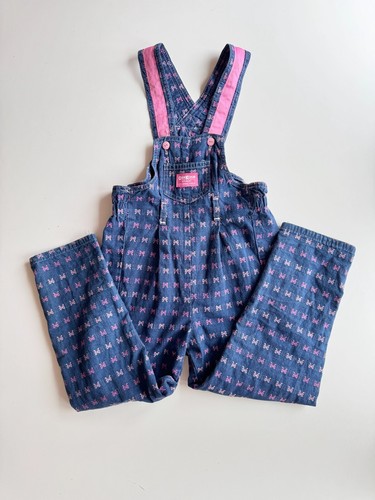 Vintage Girls' OSHKOSH B'GOSH Pink Bow Embroidered Blue Denim Overalls, Size 6