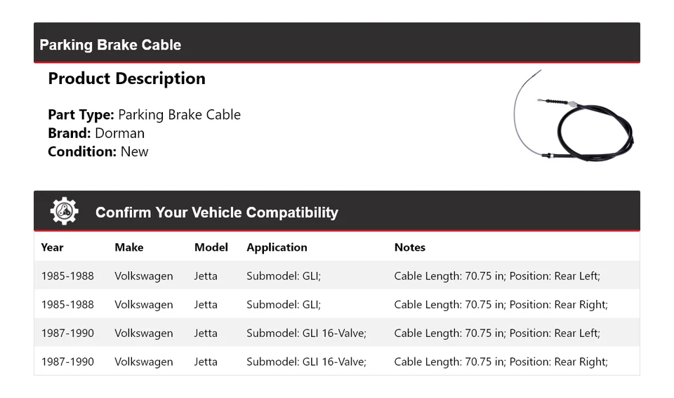 Cable de freno de estacionamiento para Volkswagen Jetta Dorman 1985-1990 1986 1987 1988 1989 Foto 2 de 4