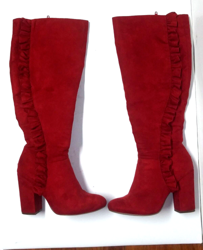 Women’s Red Tall boots vegan leather US 5.5 UK 3.5 ruffled ZIP high heels NIKKI - Picture 3 of 10
