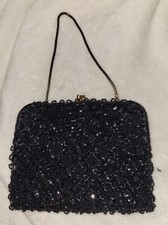 Black Beaded Sequin Evening Bag From Hong Kong Black Lining Twist Close 50s
