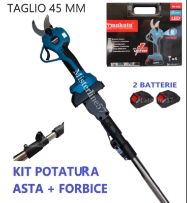 MAKOTA kit Potatura Asta Telescopica + Forbice a batteria 2 Batterie 68v Taglia Rami 45