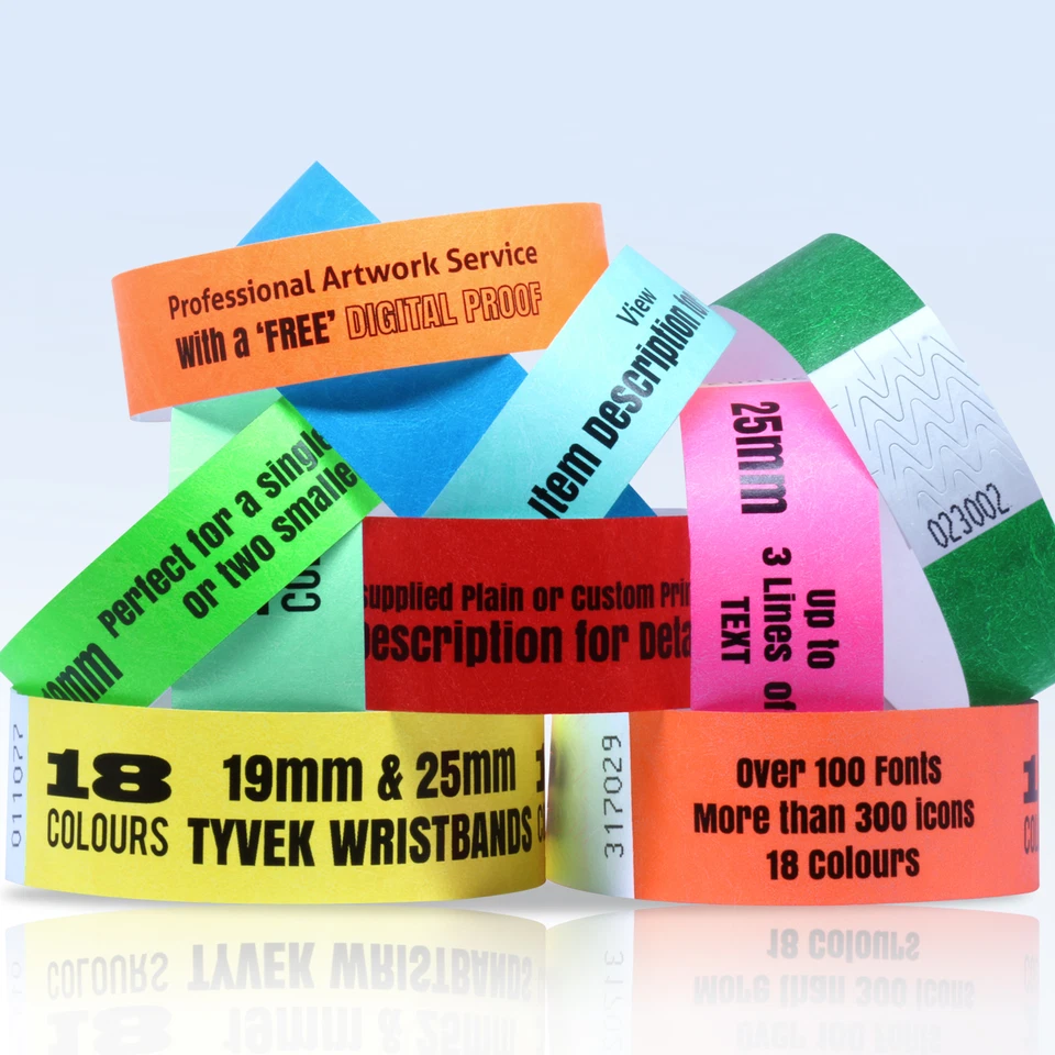CUSTOM PRINTED TYVEK WRISTBANDS: QUANTITY 1000 BANDS 19 or 25mm WIDTH 18 COLOURS
