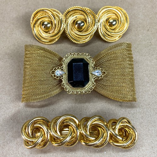 Golden Hair Clips Lot of 3 Vintage Mesh Bow Tie, Rope, & Swirl Design Barettes