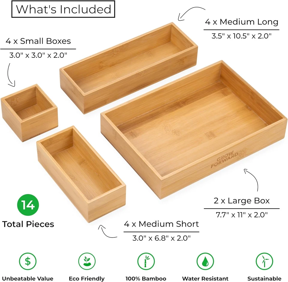 Bamboo Drawer Organizer Boxes - Set of 14 Wooden Drawer Organizers for Kitchen, - Image 3 of 4
