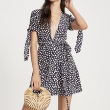 Faithful the Brand Vintage Bloom Birgit Dress Navy 6 US M Deep V Tie Sleeve Boho