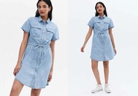 Ladies Pale Blue Denim Tie Waist Mini Shirt Short Sleeve Summer Dress