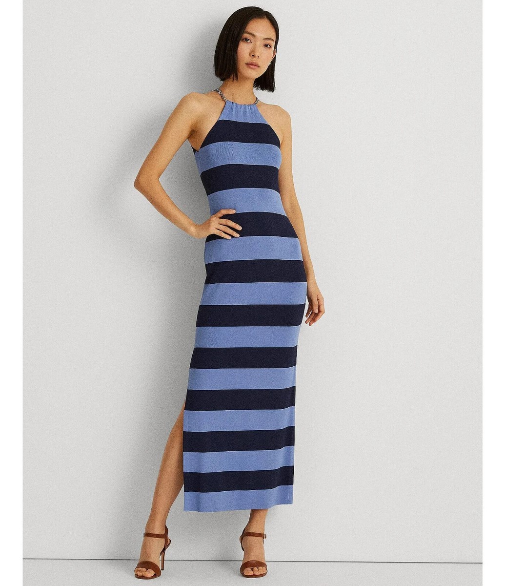 Ralph Lauren Striped Sleeveless Halter Dress Blue Size L / Large MSRP $225