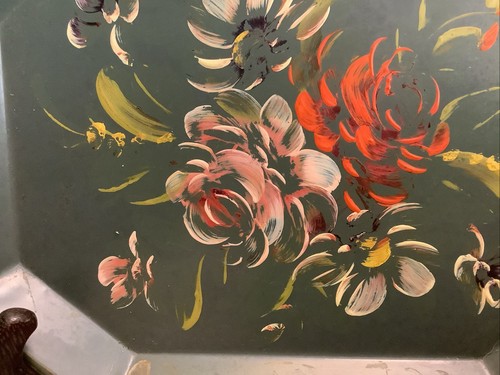 Vintage Small Tole/Toleware Metal Tray~w/Multi Colored Florals~Dark Green/Gray~ - Picture 4 of 10