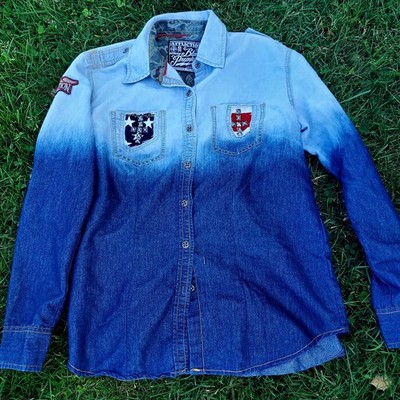 Affliction Black Premium Men's S Blue Denim Long Sleeve Button-Up Embroidered