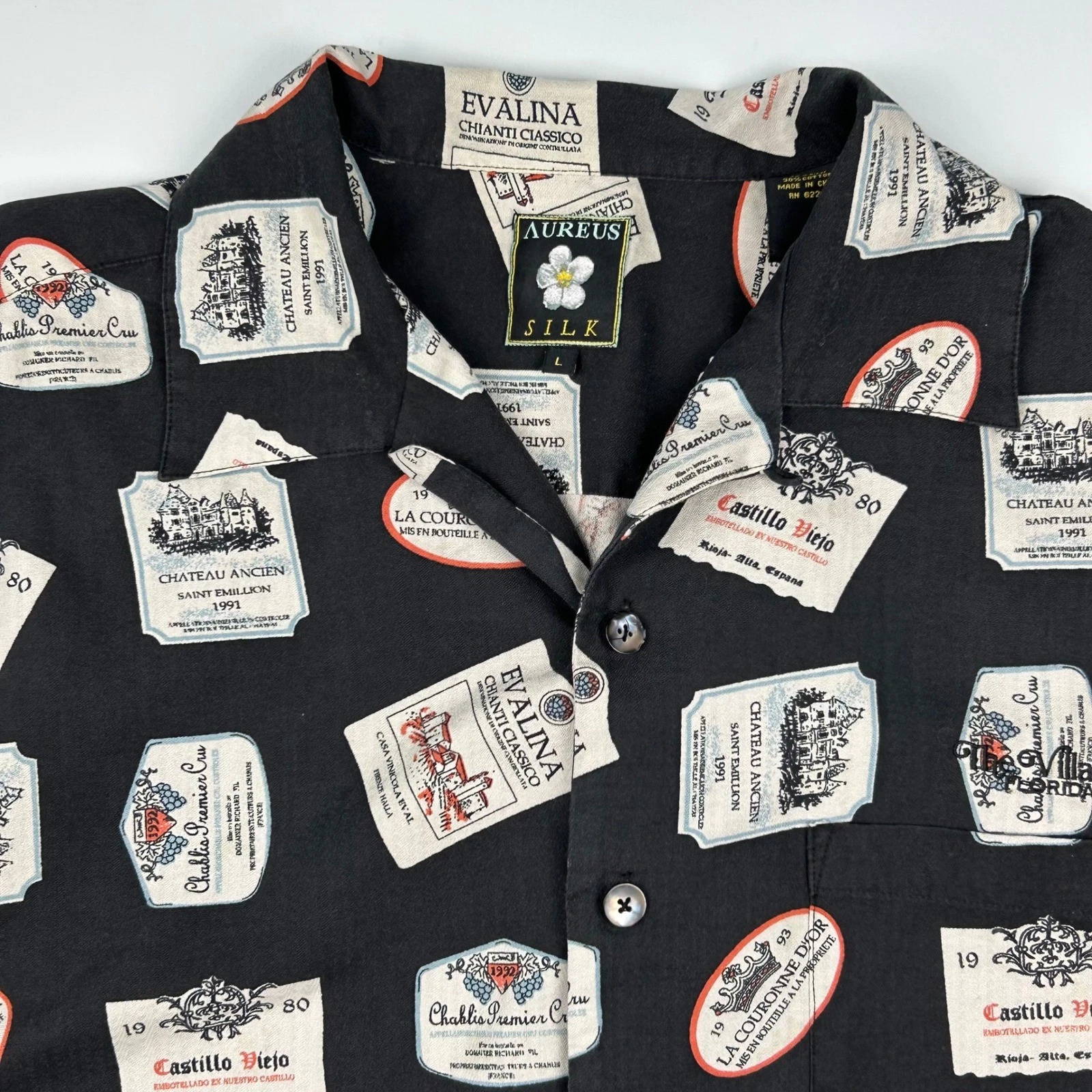 Aureus Silk Mens Lrg Wine Label Print Shirt Black Silk Cotton Blend Short Sleeve